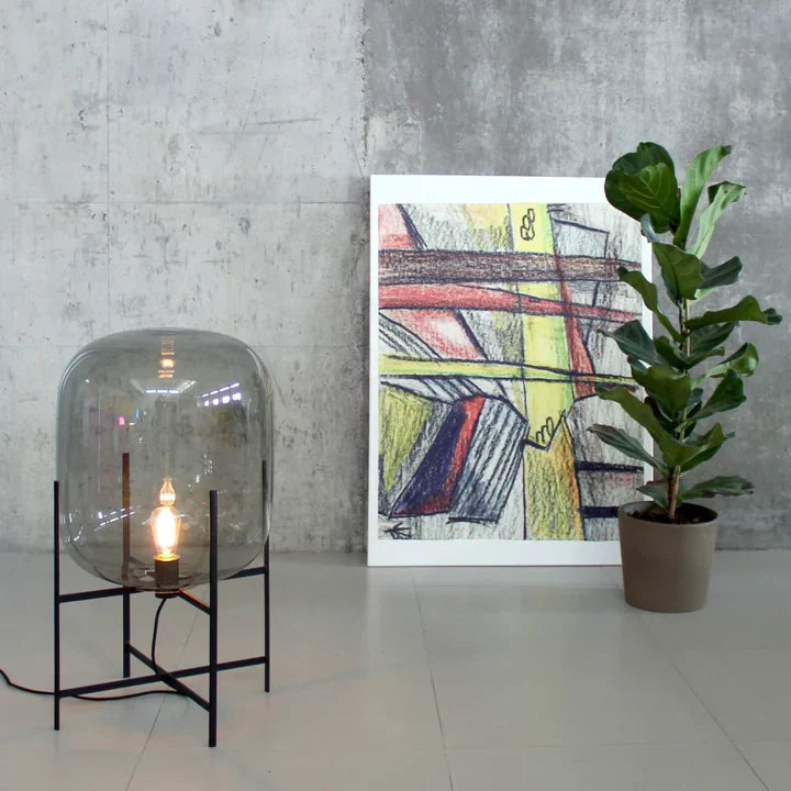 Glass Dome Floor Lamp – Industrial Metal Stand with Hand-Blown Shade