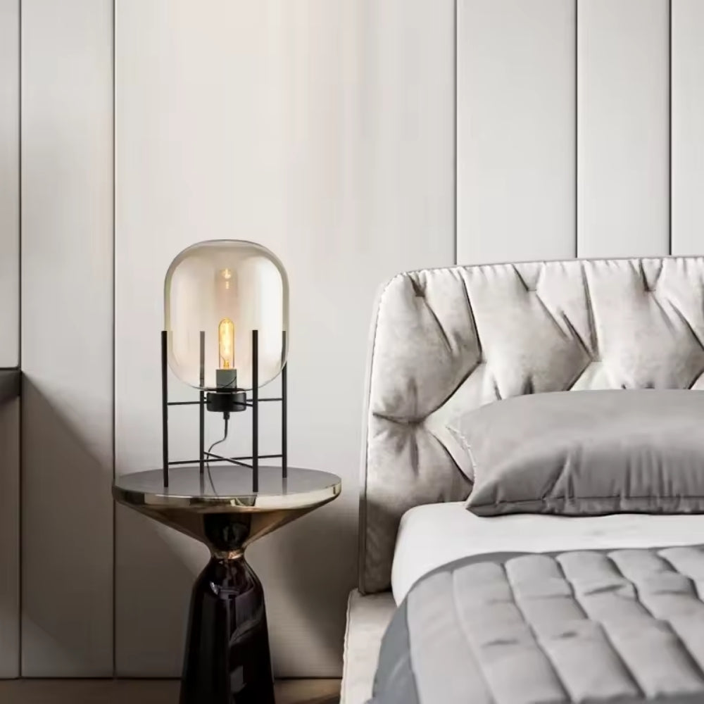 Glass Dome Floor Lamp – Industrial Metal Stand with Hand-Blown Shade